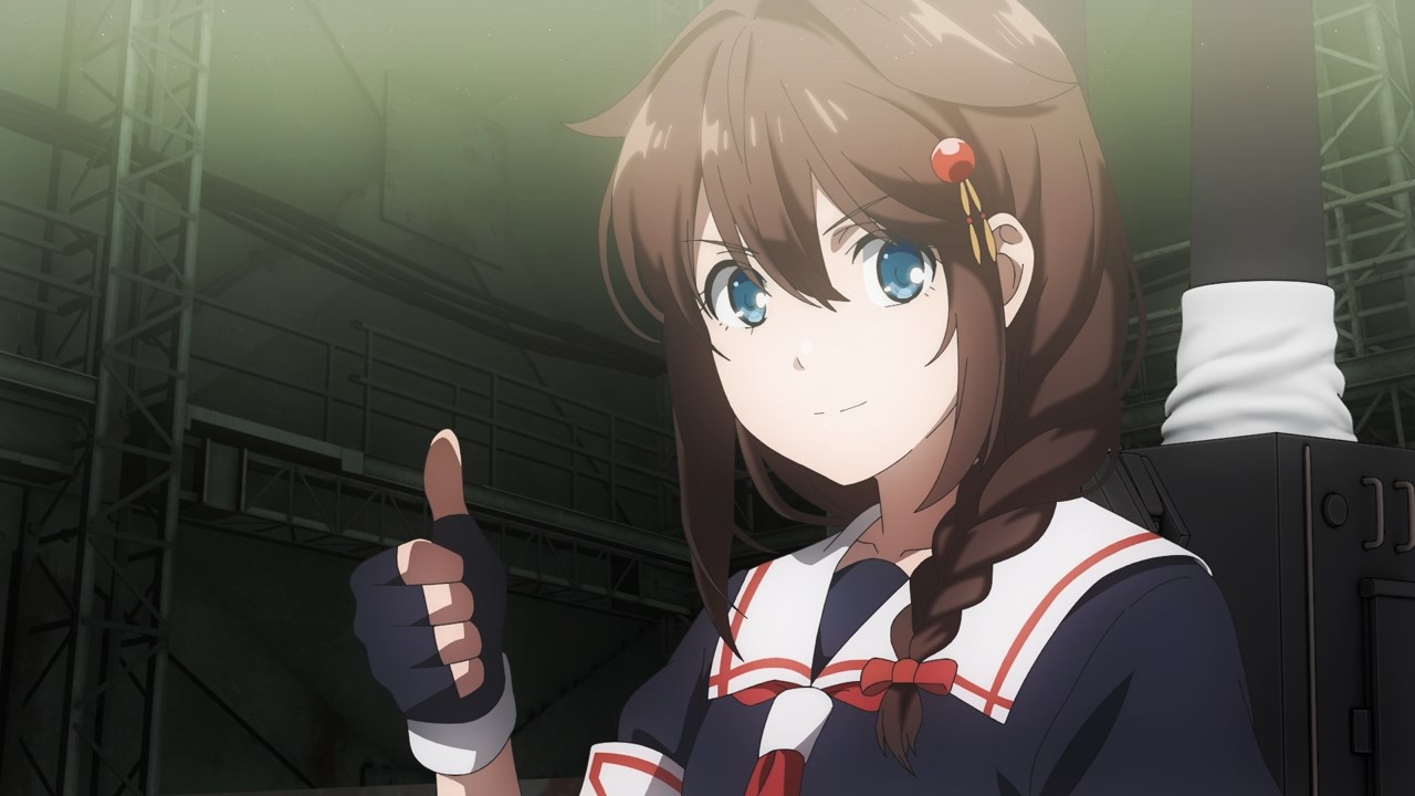 Still frame of Shigure from Kantai Collection, as depicted in the anime's 2nd season, giving a thumbs up.